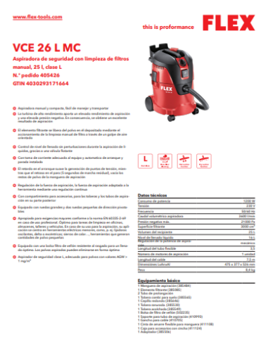 Aspirador FLEX con limpieza manual de filtro, 26L