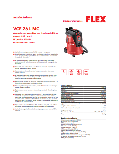 Aspirador FLEX con limpieza manual de filtro, 26L
