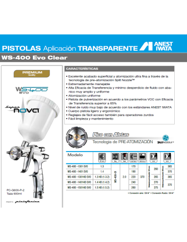 Pistola Iwata Pinifarina WS-400 Evotech Clear 1,3 Taza 600 ml.