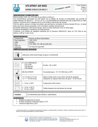 KIT BARNIZ H79 UHS SECADO RAPIDO AIR-WIDE 5L VOC 420. 2:1:0%  + Catalizador  2,5 L.