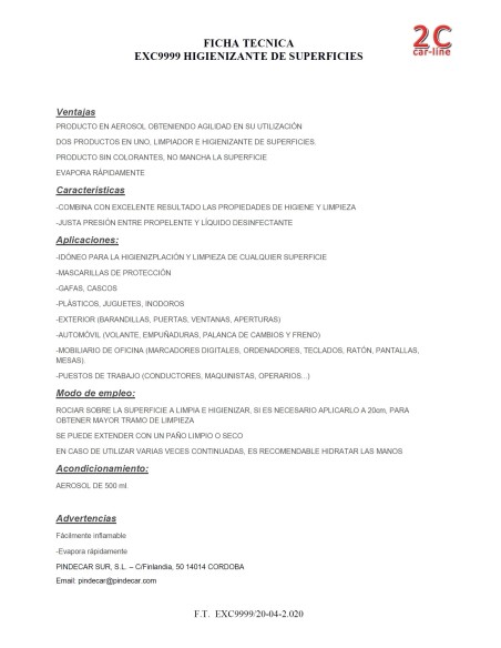 SPRAY 2C HIGIENIZANTE MULTISUPERFICIES HIDROALCOHOLICO 80% 500 ml.